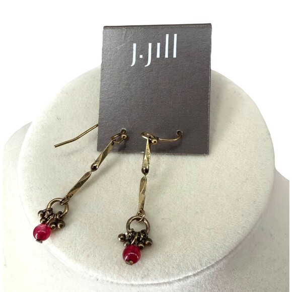 J. Jill Hook Earrings Twisted Gold Tone Red Beaded Cluster Drop Dangle Bohemian - Picture 7 of 9